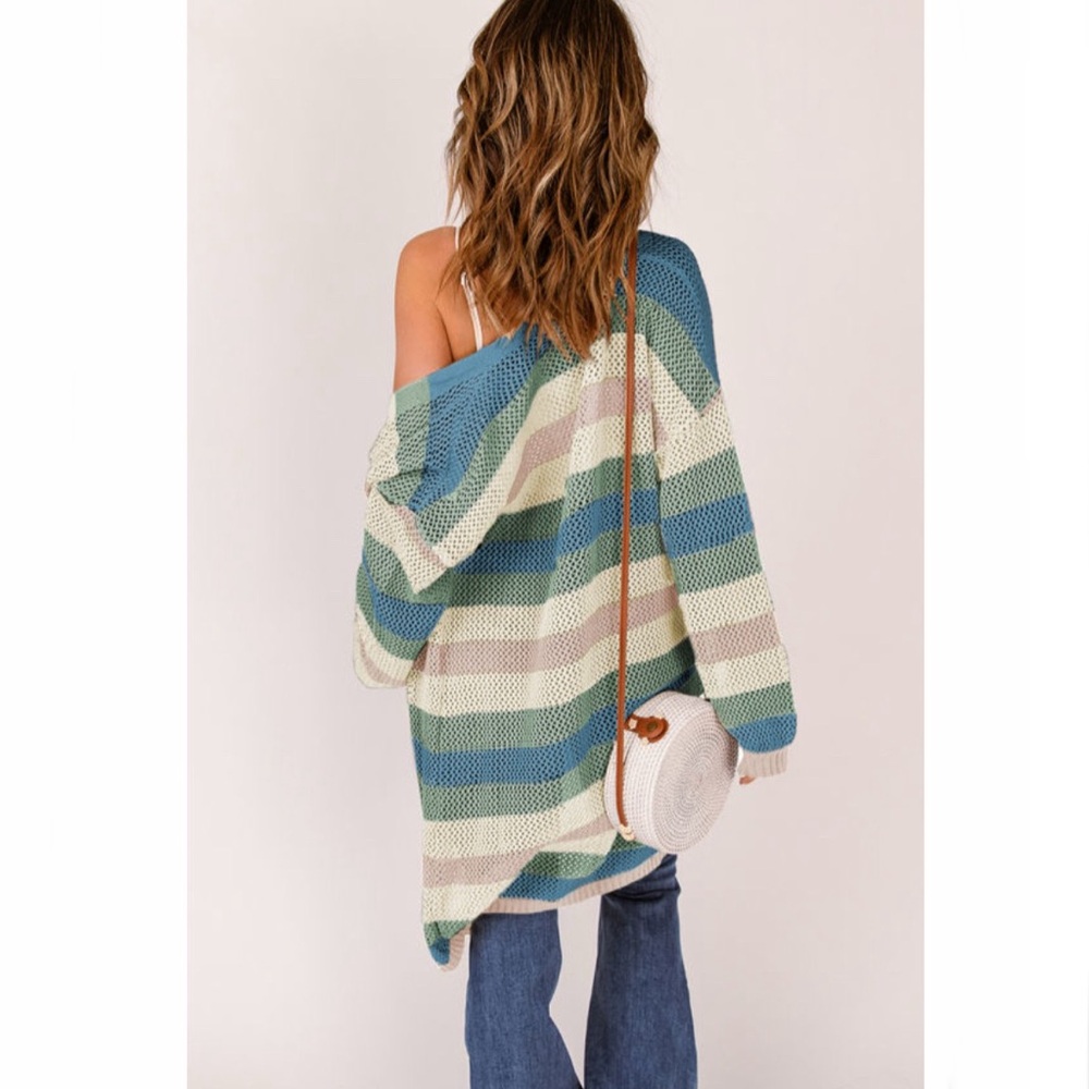 Green Striped Hollowed Knit Cardigan - Picture 3 of 10